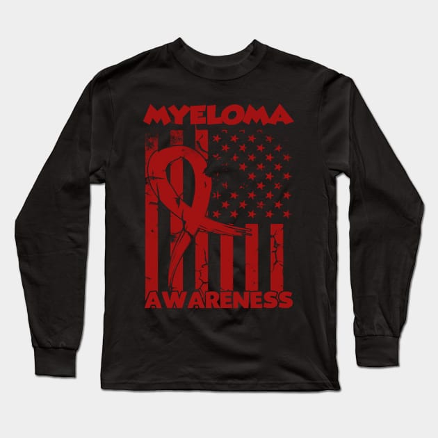 Myeloma Awareness Flag Burgundy Ribbon In This Family No One Fights Alone Long Sleeve T-Shirt by Mayla90